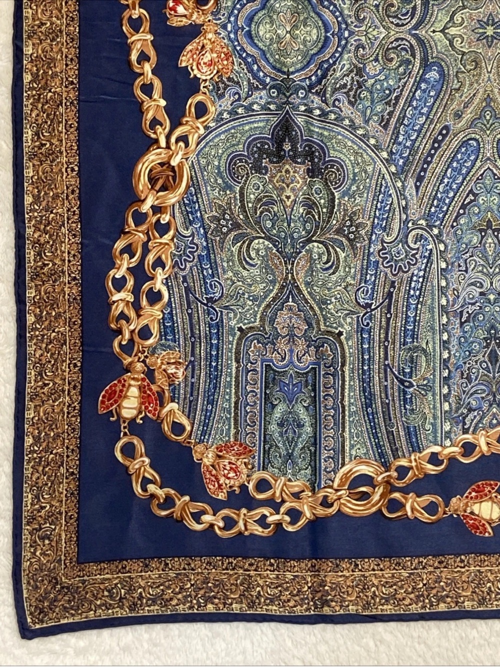 DIOR Vintage SILK Scarf 35” NAVY Gold/Ruby Jewel & Blue-Green Paisley print EUC - Picture 10 of 16